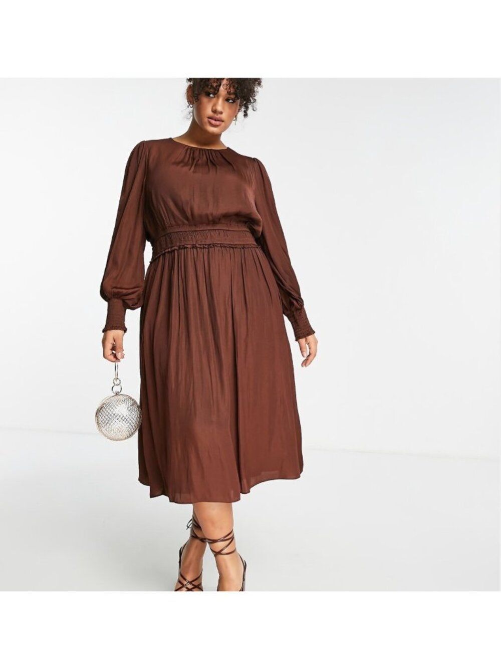 Evernew Curve Women’s Brown Satin Gathered Neck Balloon Sleeve Dress Size 22